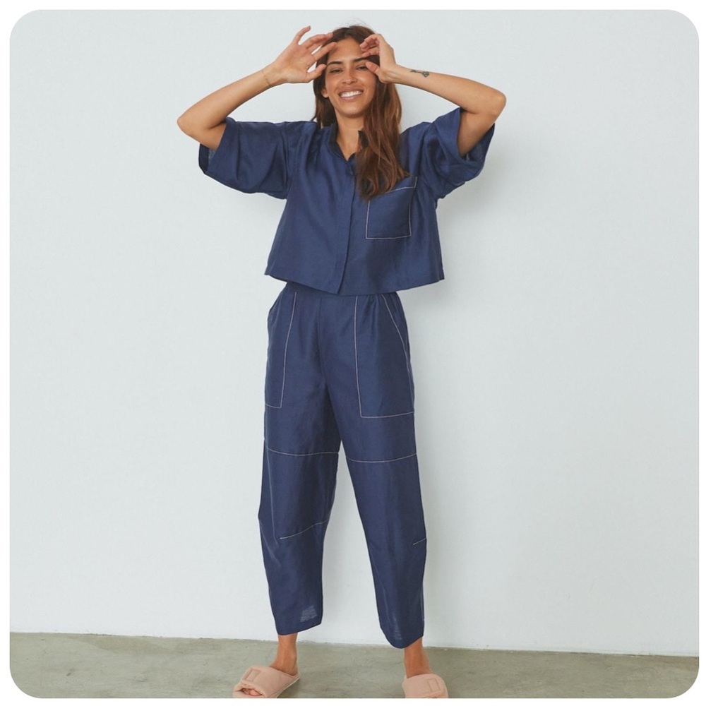 Lunya Linen Silk Crop Pant Set Size XL, Indigo Blue, NWOT